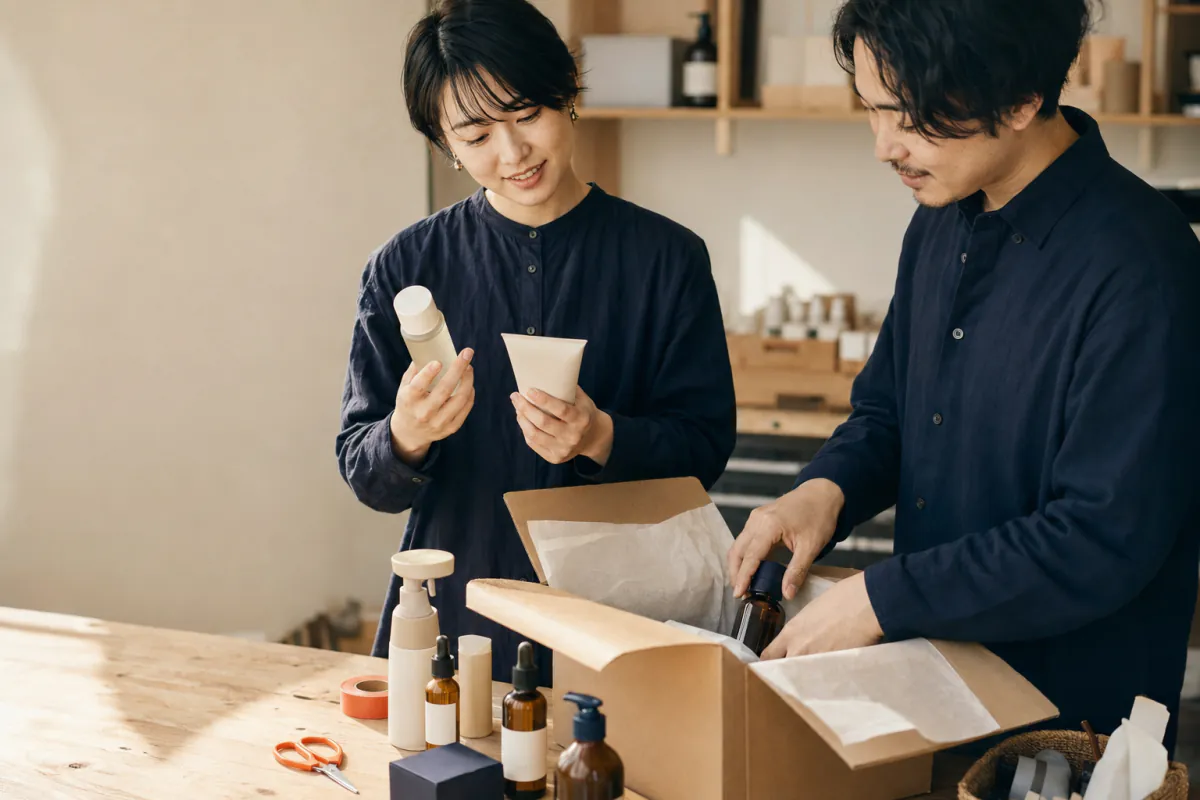 ブランドの担当者が商品サンプルを箱に詰めている様子