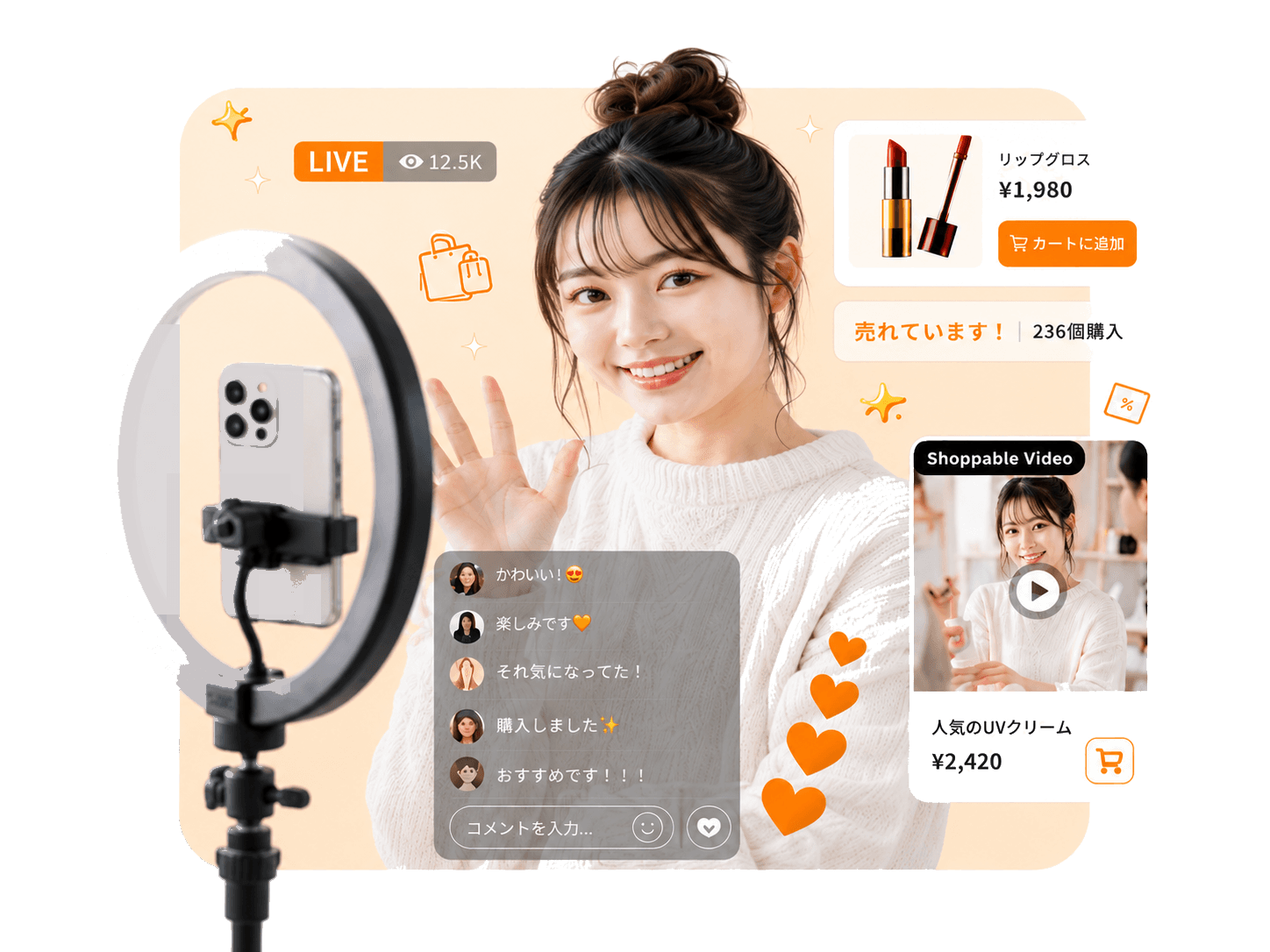 ライブコマース配信とショッパブル動画のイメージ